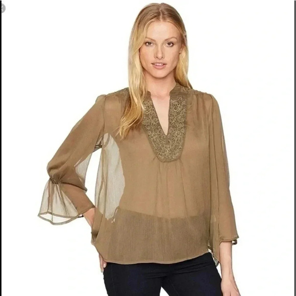 Lucky Brand | Sheer Caramel Tan Pheasant Bohemian Embellished  Blouse Size XS - Picture 1 of 8